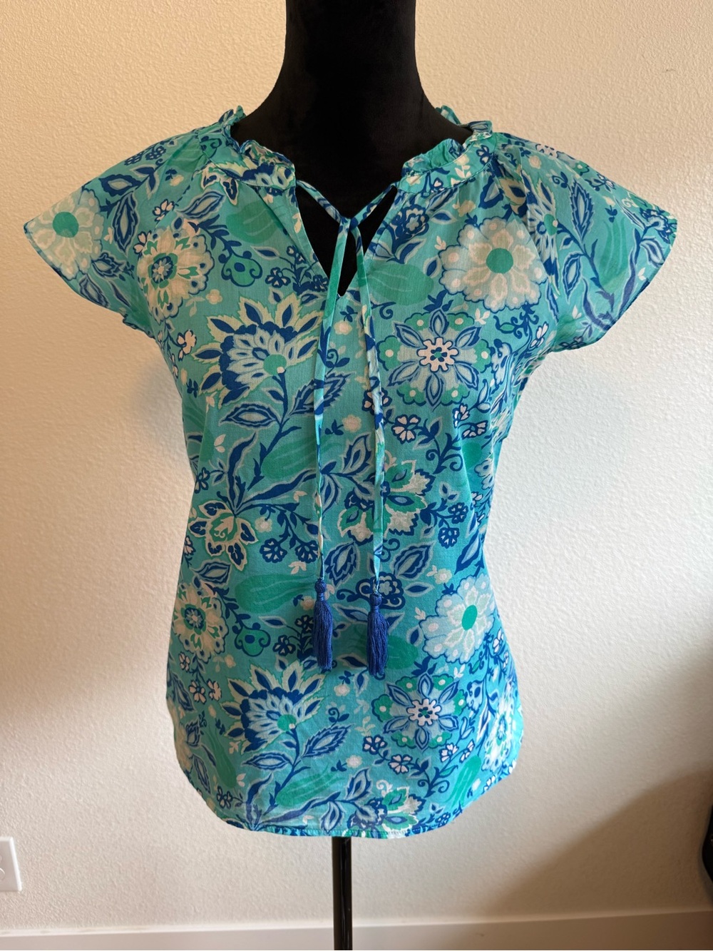 Talbots Floral Blouse XS Blue Green Sheer Lightweight Tie Neck Top